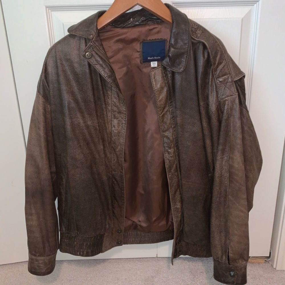 Mark Shale vintage genuine leather brown distressed lined zip up moto jacket